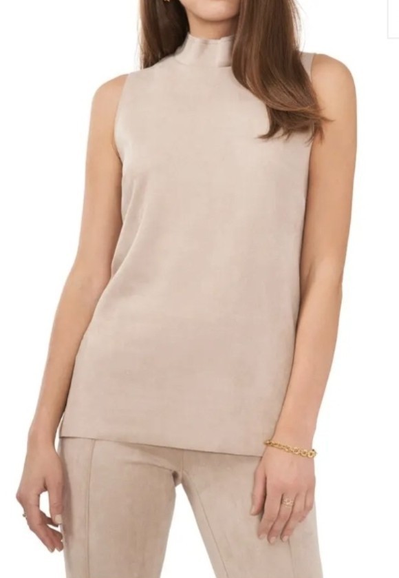 VINCE CAMUTO Faux Suede Tunic Blouse Womens High Neck Sleeveless Tan Size Small