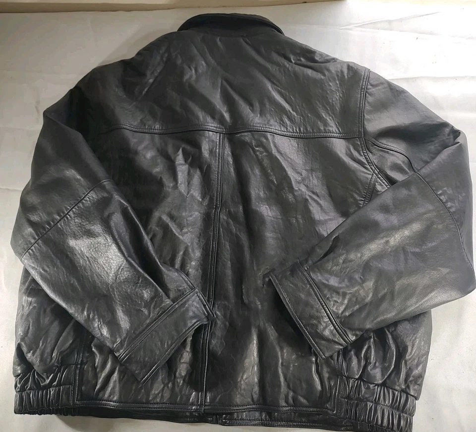 Abrigo Chaqueta Bomber Vintage Caña Cuero Negro con Forro a Cuadros Talla XXL Foto 2 de 4