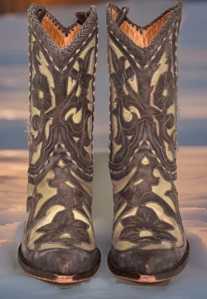 Vtg Y2k Label OLD GRINGO "JUDE" Beige Sz 8B Floral Tooled Overlay Cowgirl BOOTS - Image 2 of 4