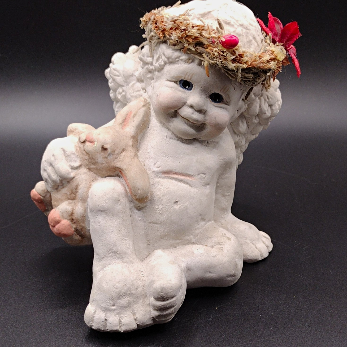 Hand Painted Angel Figurine Holding Rabbit, Red Flower signed Kristen 94