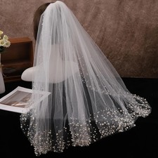Short One Layer Pearls Beaded Tulle Bridal Wedding Veil With Comb For Bridal