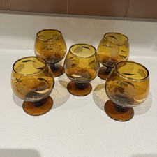 Set of 5 Vintage Brown and Gold Cognac Glasses