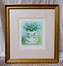 Signed L. Valerie Christmas Etching Print Snowdrops Still Life Floral Cup Vase