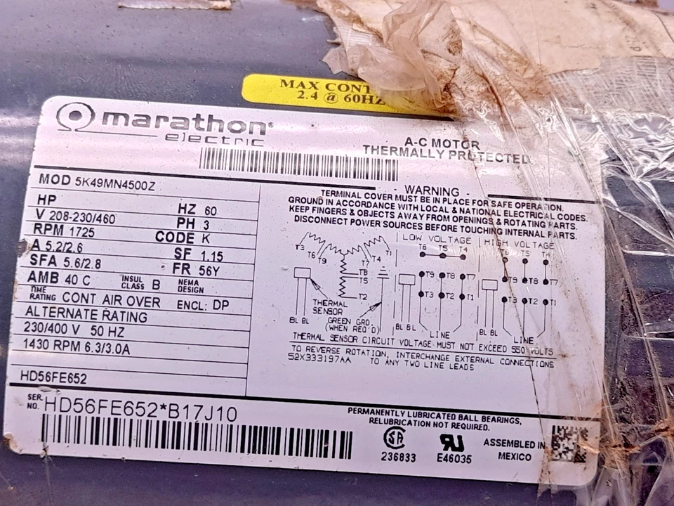 Marathon 5K49MN4500Z A-C Motor 208-230/460V 60Hz 1725 RPM 3PH Code K - Image 2 of 4