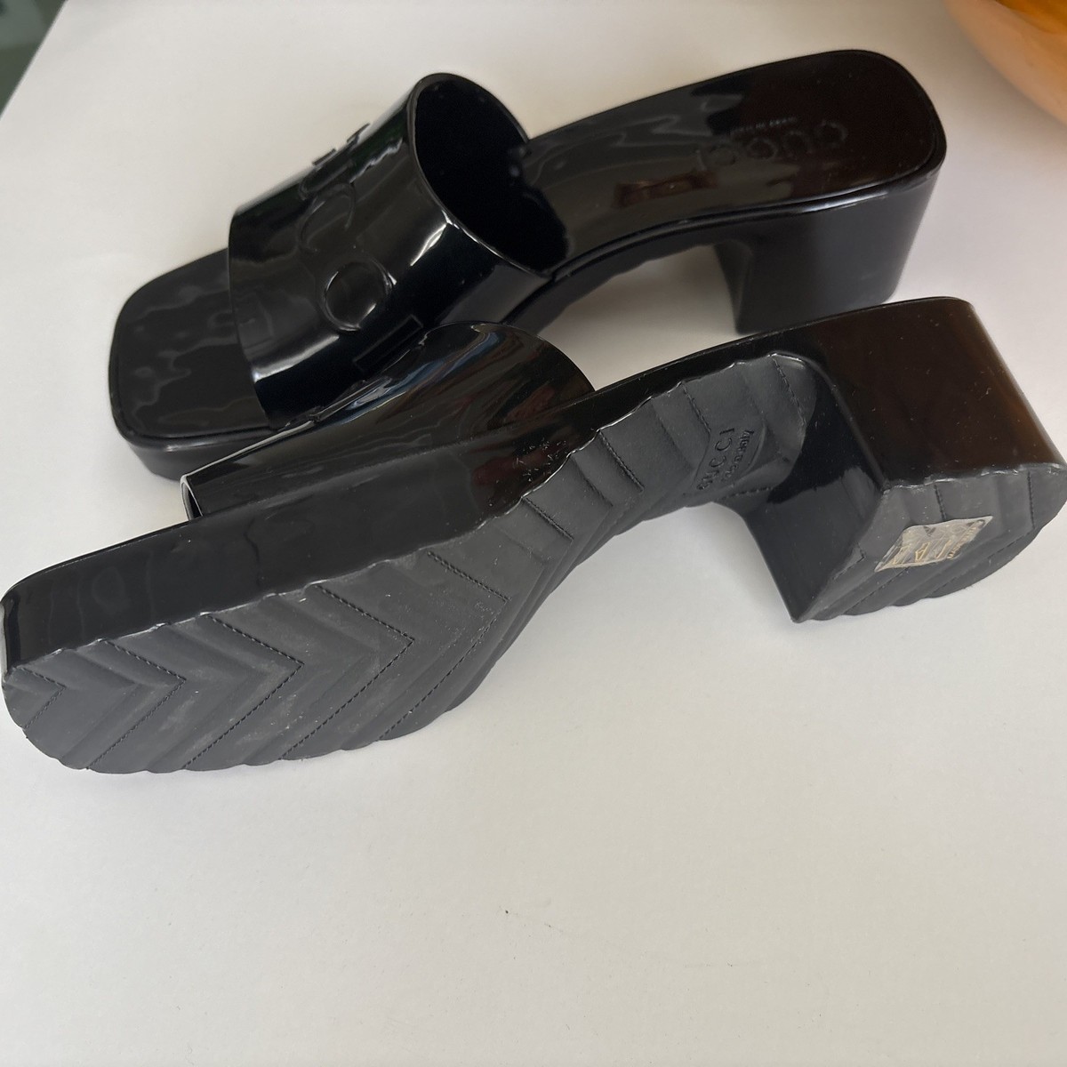 GUCCI Rubber Slide Sandal Black Square Open Toe Block Heel Mules