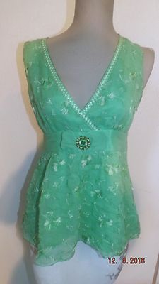 Express Design Studio 100% Silk GREEN floral print lined blouse TUNIC top XS