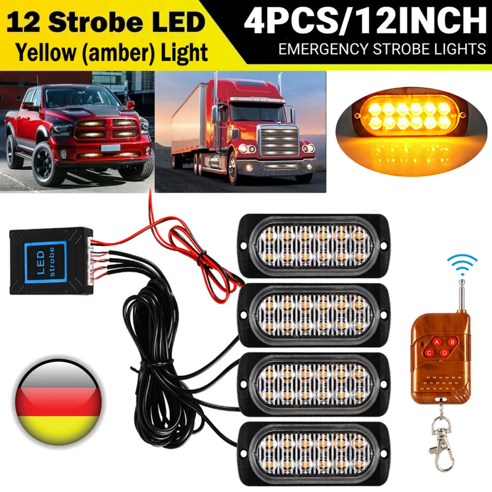 4Stk GELB 12LED Auto Frontblitzer Warnleuchte LKW Strobe Licht Blitzlicht 12/24V - Bild 2 von 4