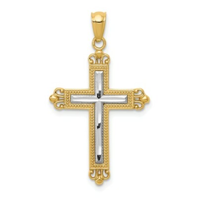 14K Gold Two-tone Framed Fleur de Lis Cross Charm Pendant  1.26 Inch