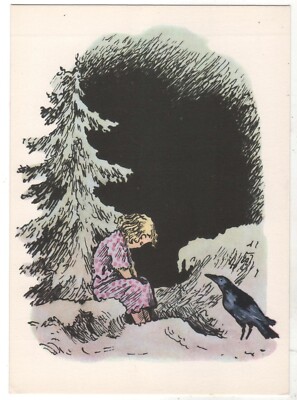 1965 Fairy Tale by Andersen The Snow Queen Girl & Crow ART RUSSIAN POSTCARD Old