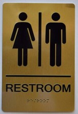 Unisex Restroom Gold Sign With Braille and Raised Letters Aluminum, Size 6X9 