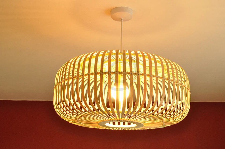 Pantalla de techo colgante de bambú hecha a mano, forma ovalada, marrón natural grande L016L Foto 2 de 4