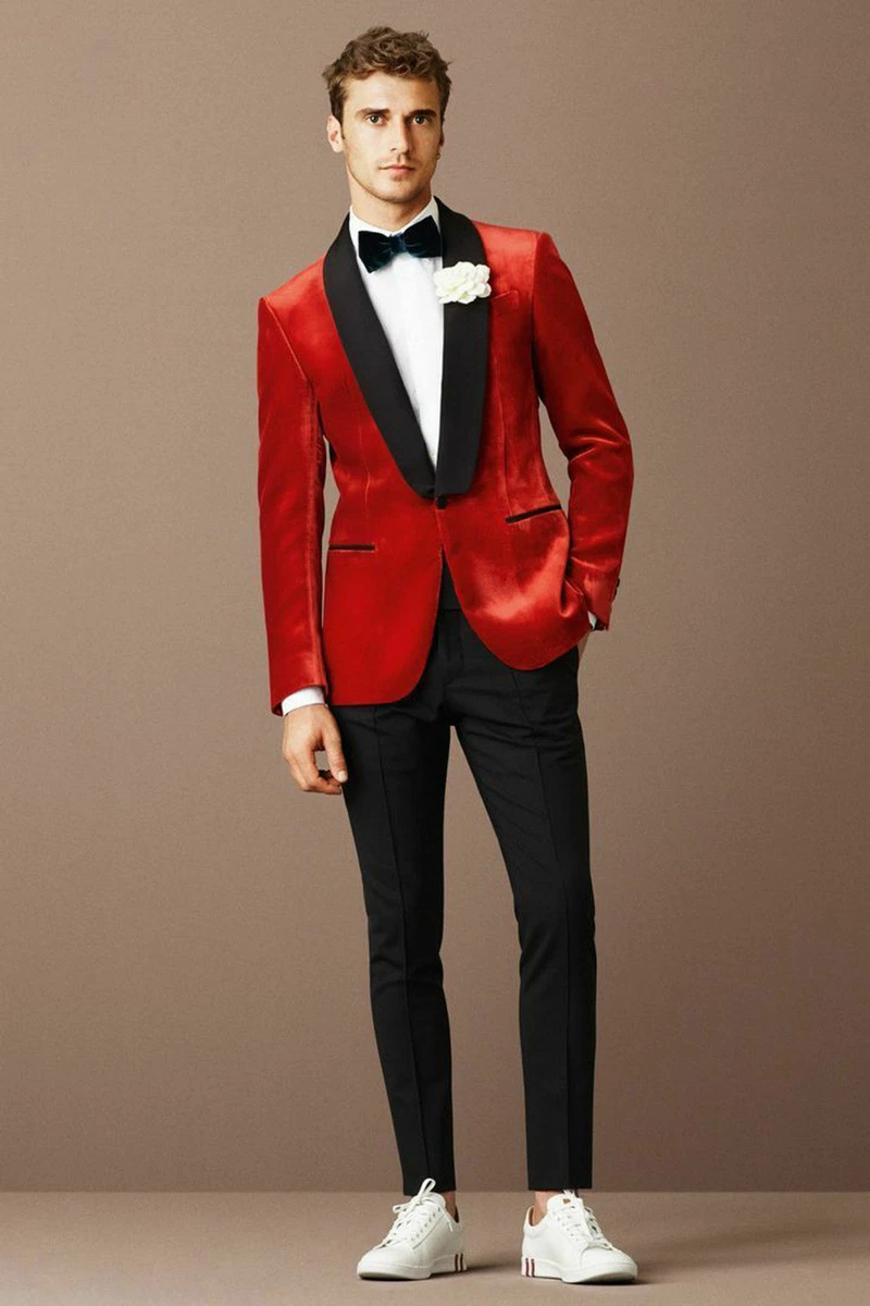 Men Red Jacket Red Velvet Grooms Wedding Tuxedo Casual Velvet Coat