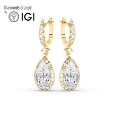 Pear 6 ct Solitaire Halo 18K Yellow Gold Hoops Earrings, Lab-grown IGI