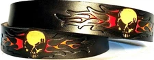 SKULL RED FLAMES EMBOSSED BIKER 100% COWHIDE LEATHER BELT SIZE 26-48 USA MADE