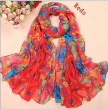 Women Long Floral Flowers Crinkle Scarf Wrap Voile Stole Shawl 20" x 60" Red