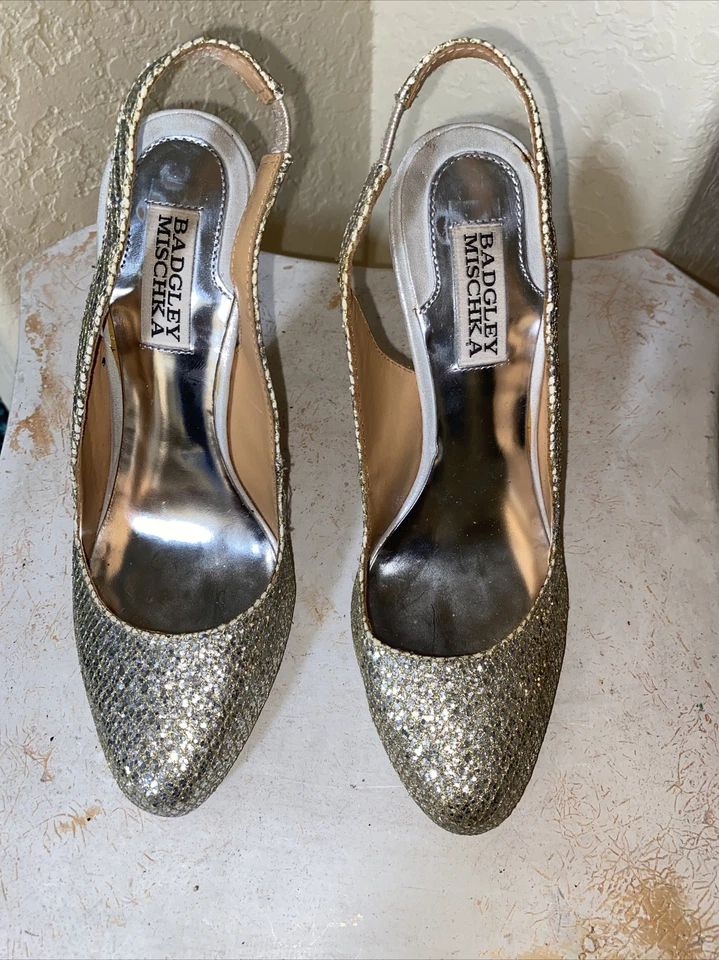 Badgley Mischka Silver Kiss Kiss High Heels Slingback Stiletto Sparkle Pumps 7M - Image 3 of 4
