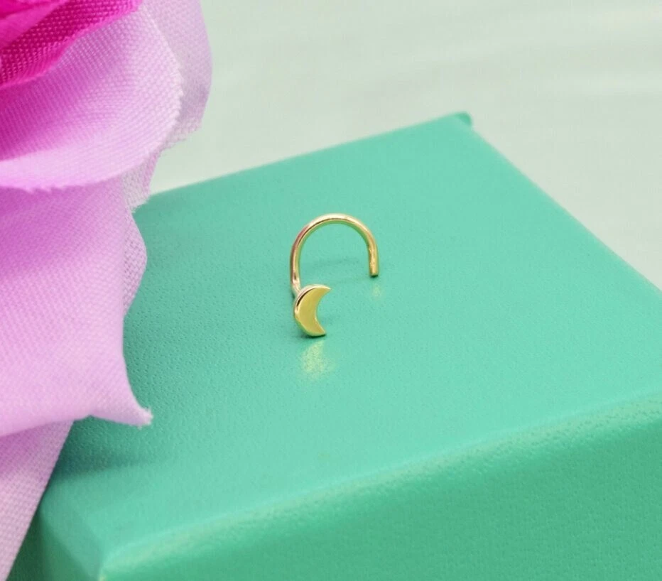 14k Solid Gold Moon Nose Stud Ring Tiny Half Moon Pin Screw Back Nose Piercings. - Image 2 of 4