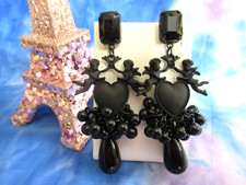 Baroque Style Stunning Black Hearts Black Angels Back Beads &amp; Gemstone Earrings
