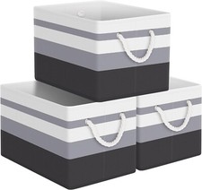 3 Pack Large Foldable Storage Basket Fabric Organizer Bin Box with Rope
