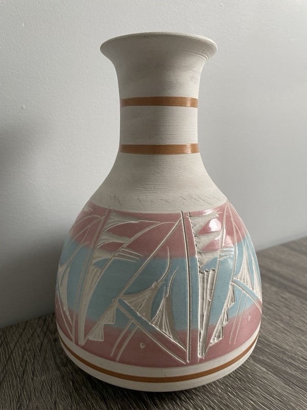 Vintage R. Gonza Mexican Pottery White Terracotta Clay Vase Turquoise Blue Pink