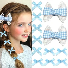12PCS Blue Mini Hair Bows Gingham Craft Lace Bow Clips Small Plaid 
