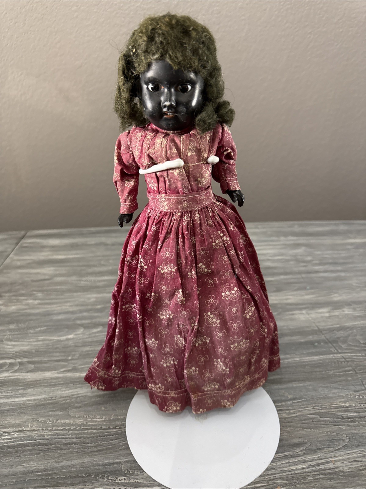 Antique German Bisque Doll “d”  Black Doll 12 IN Solid Dome Skin Wig Pm