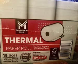 Member's Mark Thermal Receipt Paper Rolls, 3 1/8" X 190'- 16 Rolls