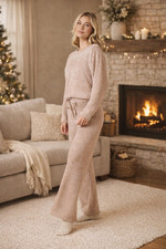 Softies Cozy Teddy Reverse Seam Crew Neck LS Top Pants Lounge Set Brown Size XL