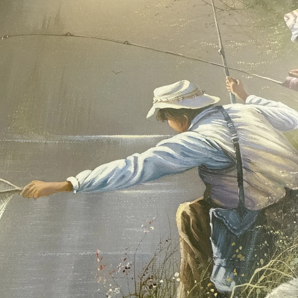 IMPRESIÓN ENMARCADA: HOMCO Cuadro de pesca vintage adulto/niño OVALADO 18" X 22". LEER Foto 4 de 4