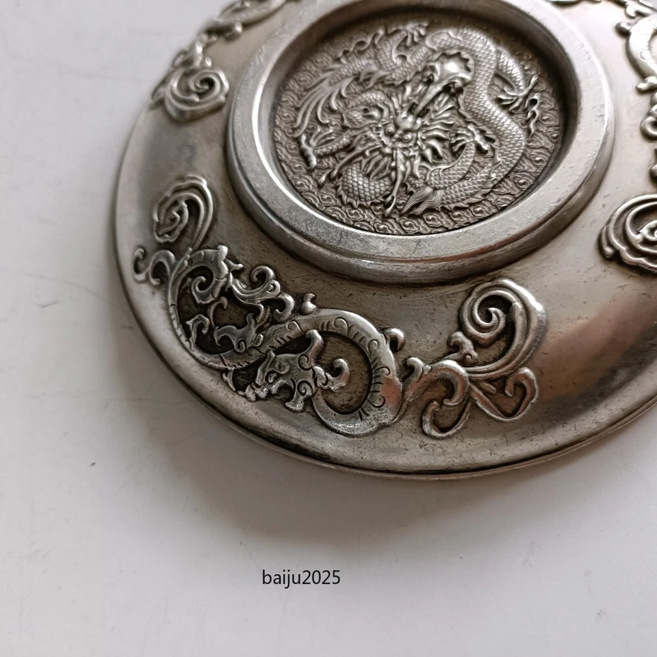 Exquisita placa de dragón y fénix tallada a mano en plata del Tíbet chino antiguo Foto 4 de 4