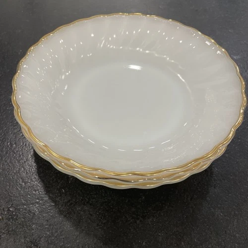 VTG Anchor Hocking Fire King Gold Rim Milk Glass Swirl 7.5” Bowl—set Of 3