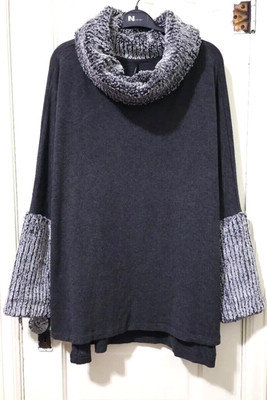 FLASH SALE Capote LONG Jersey Knit Sweater XL Gray FUZZY FAUX Fur Arms Cowl Neck