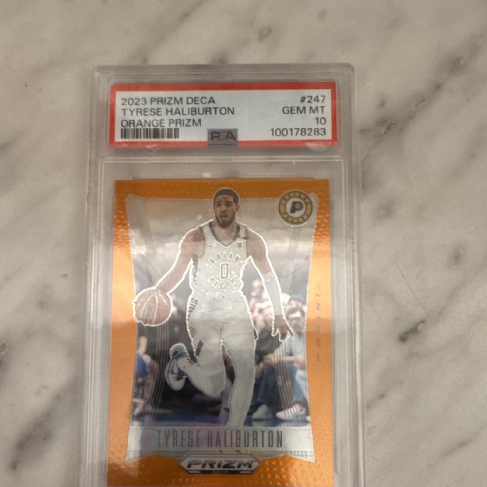 2023-24 Panini Prizm Deca Orange Prizm #247 Tyrese Haliburton /49 PSA 10 Pacers