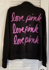 PINK Victoria  s Secret Black Love Pink 1/4 Zip Fleece Pullover Sweatshirt Size L