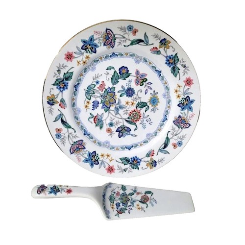 Andrea by Sadek Japan Cake Plate and Server Floral Gold Trim Modern Blue Serving