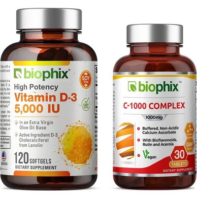 Biophix Vitamin D-3 5000 IU 120 Softgels - Free Vitamin C-1000 30 Tablets