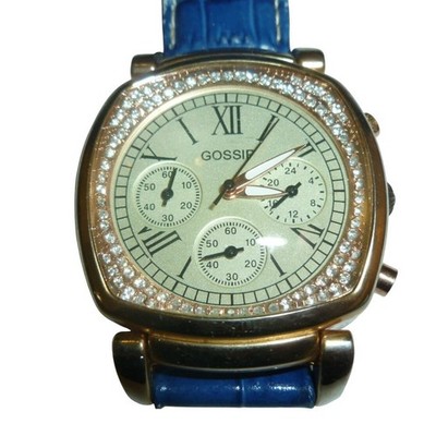 Gossip GSP128 Rose Gold Tone Crystal Bezel Blue Leather Band Women's Watch