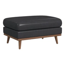 Picket House Furnishings Fable Ottoman with Wood Base in Pebble Navy