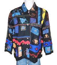 Chico's Art to Wear Jacket Top sz 0 Small Silk Applique Artsy Patchwork Lined R2