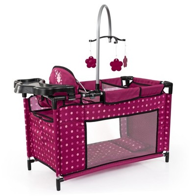 Hot Pink Multi-Bed Playpen for Dolls with Highchair & Mobile