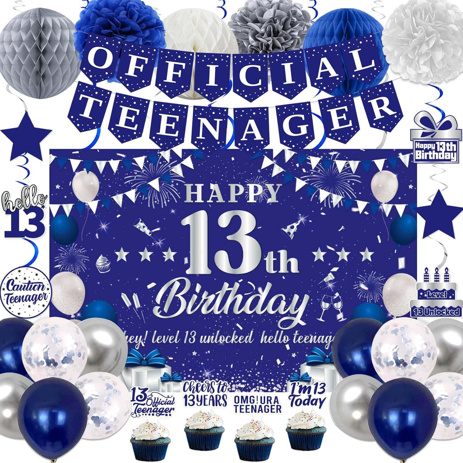 13Th Birthday Decorations for Boys Girls, Blue Silver Official Teenager Party...