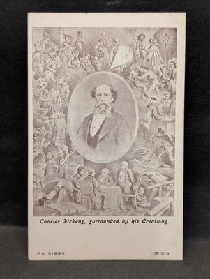 Charles Dickens with his creations antique postcard 