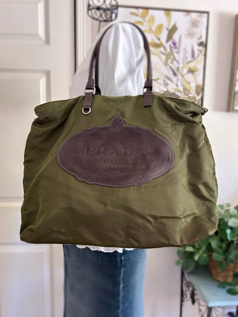 PRADA Military Olive Green Nylon Brown Leather Canapa Logo Large Tote Bag