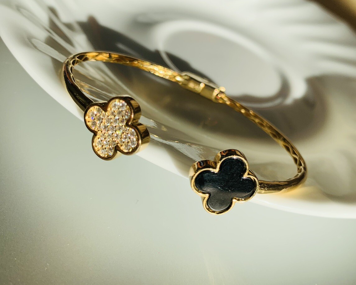 Rachel Zoe Gold Plated CZ Onyx Double Clover Leaf Sterling Silver