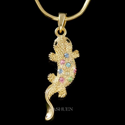 Gold Gecko Eidechse REPTIL Salamander Mit Swarovski Kristall Charm Halskette
