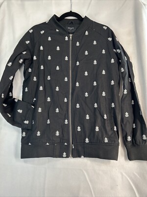Drop Dead Bomber Jacket Black White Linen M Unisex Black Logo Zip Up Lined
