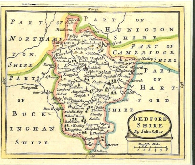 Landkarte Bedfordshire von John Seller 1695 original graviert mit Handfarbe