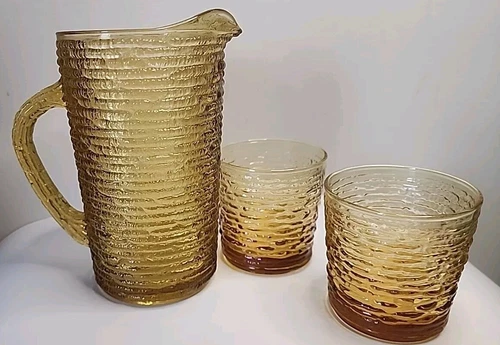 1960s Anchor Hocking Soreno Amber Honey Gold Juice Pitcher w/2 Glasses Vintage