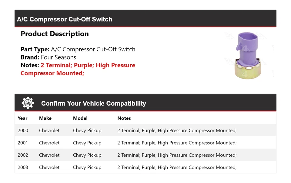 Interruptor de corte de compresor de aire acondicionado para camioneta Chevrolet Chevy 2000-2003 4 estaciones Foto 2 de 4