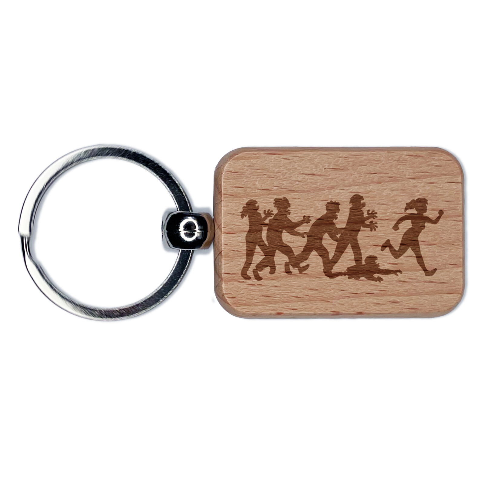 Undead Zombies Chasing Woman Engraved Wooden Keychain Charm